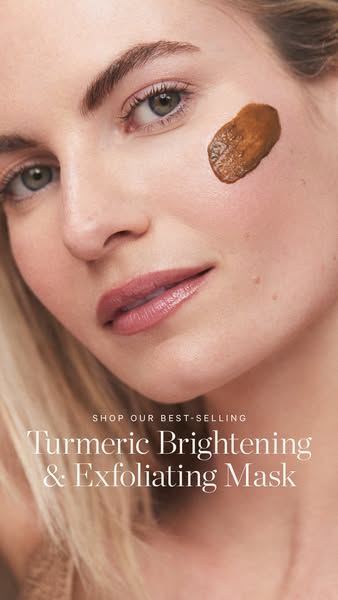This ad features a close-up of a woman's face with a turmeric mask applied to her cheek. The ad promotes the Turmeri