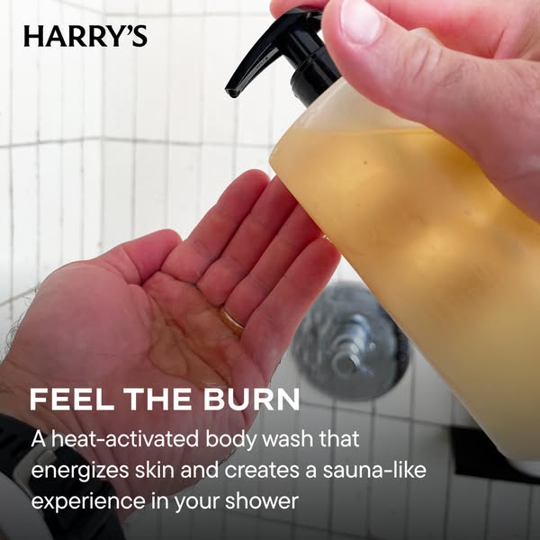 An image ad from Harry's promoting a heat-activated body wash, promising a sauna-like experience in the shower.