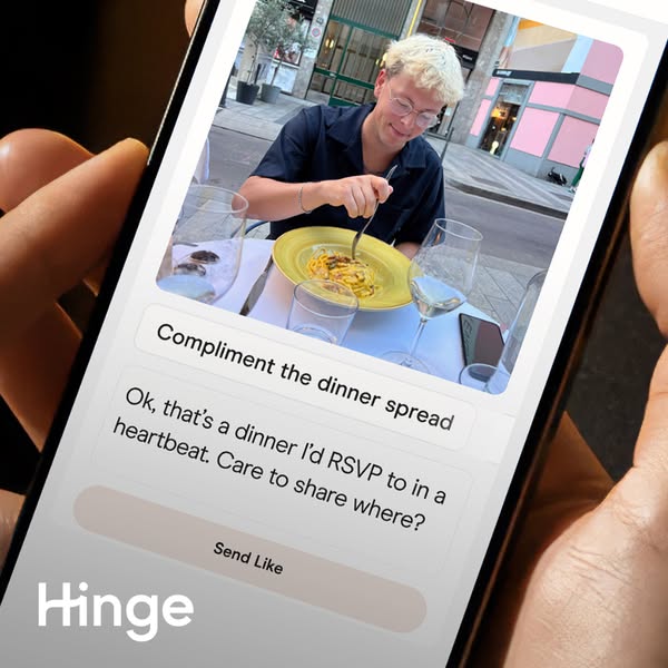 This ad shows a screenshot of a Hinge dating app profile. The profile features a photo of a man at dinner and a prompt f