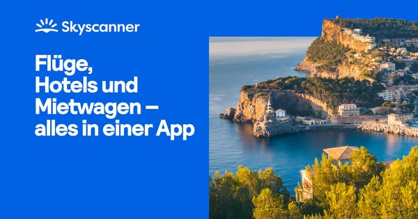 This image ad for Skyscanner highlights the convenience of using their app for booking flights, hotels, and rental cars,