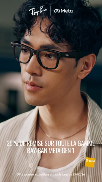 An advertisement for the Ray-Ban Meta Gen 1 smart glasses that features a close up shot of a person wearing the glasses.