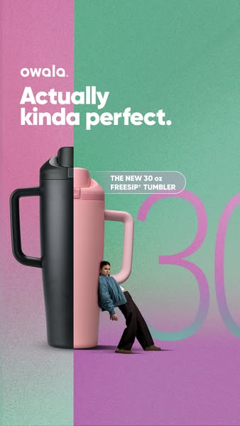 This image ad showcases Owala's new 30oz FreeSip Tumbler in two color variations. It highlights the product's de