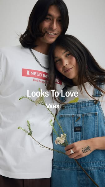 This ad showcases Vans clothing, featuring a white t-shirt and denim overalls. The ad emphasizes the brand's 'Lo