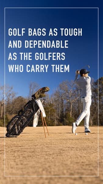 This image ad promotes golf bags, emphasizing their toughness and dependability by comparing them to the golfers who use