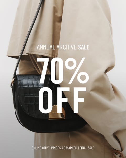 This image ad promotes Nili Lotan's annual archive sale. The ad showcases a black leather handbag and offers a 70% d