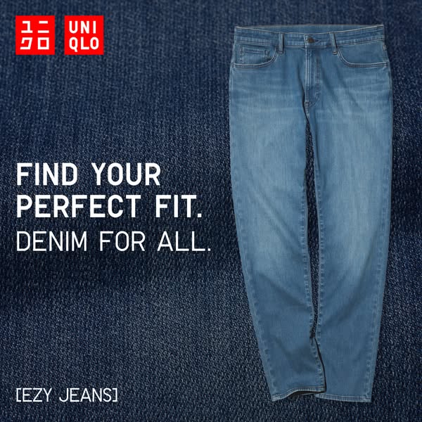 This ad for Uniqlo EZY Jeans features a pair of folded jeans set against a denim background. The ad promises a perfect f