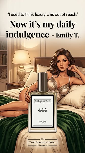 This ad features a testimonial about the fragrance, The Essence Vault. It shows a woman relaxing on a bed with a bottle 