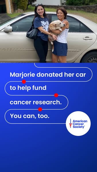 An ad for the American Cancer Society that features an image of two women and a dog in front of a car. It says that one 