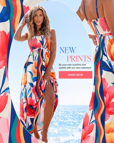 This image ad showcases a woman wearing a colorful floral print dress from a new collection. The ad encourages viewers t