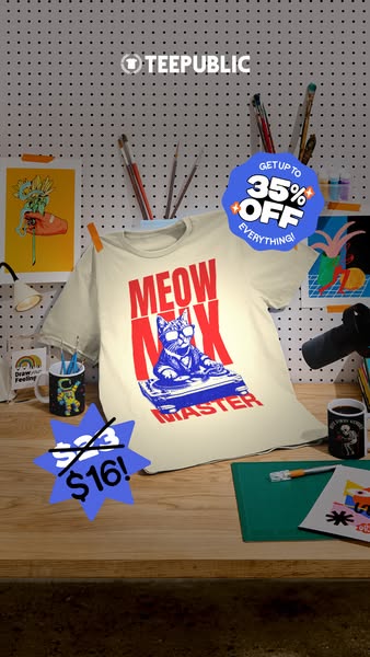 This ad promotes Teepublic apparel, showcasing a t-shirt with a cat DJ design and highlighting a limited-time discount.