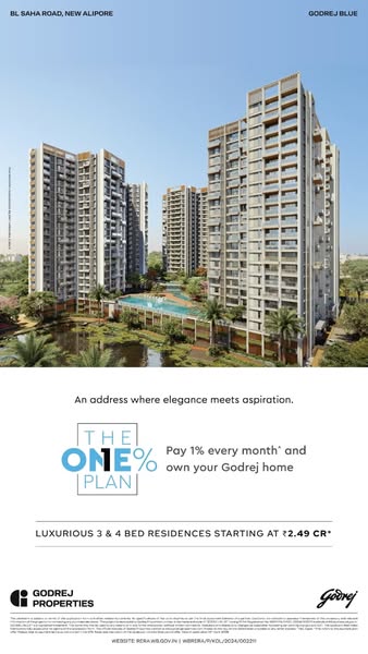 This image ad promotes Godrej Blue luxurious 3 & 4 bed residences. It highlights a payment plan where you can own yo