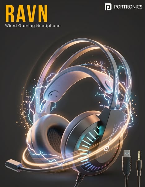 This ad features the Portronics RAVN wired gaming headphones. The image showcases the headphones with electrical visual 