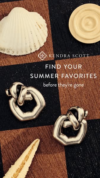 The ad showcases two silver-colored earrings on a black and brown checkerboard. A small starfish and seashell are place