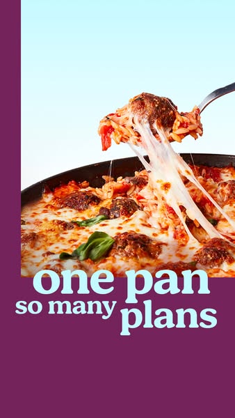 This image ad is for a meal-kit delivery service, and features a purple background with text at the bottom of the frame 
