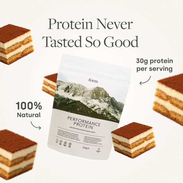 This ad promotes Form Performance Protein powder as a natural way to get 30g of protein per serving. The ad features a m