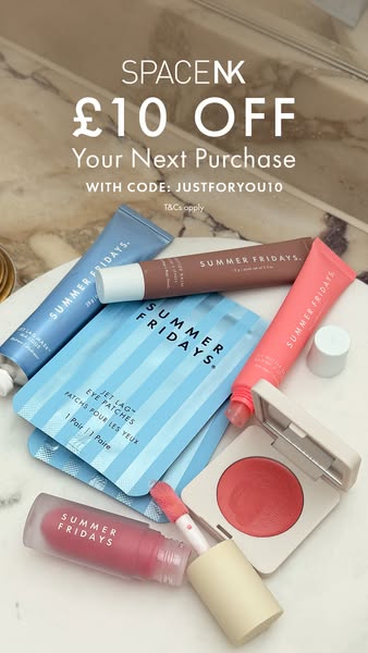 This ad features an arrangement of Summer Fridays products, including tubes of face mask, lip butter balm, and jet lag e