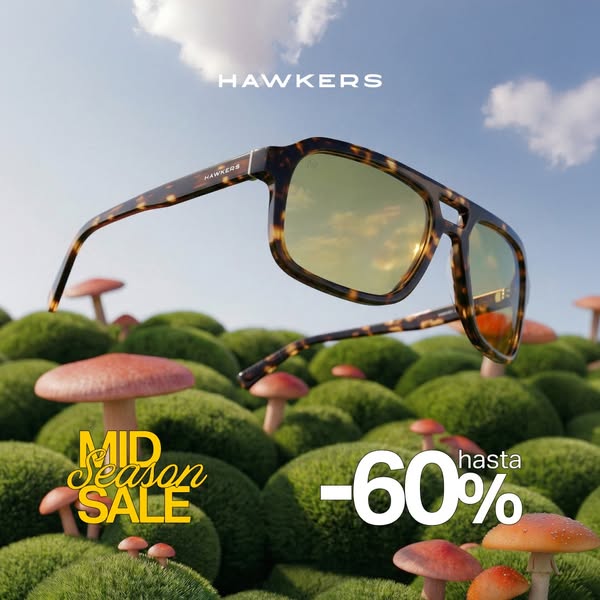 This ad promotes a mid-season sale on Hawkers sunglasses, highlighting a 60% discount and featuring a pair of tortoisesh