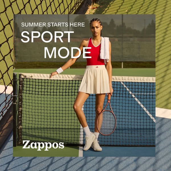 This ad by Zappos promotes Adidas apparel for women, with the headline, "Summer Starts Here" and a woman posed