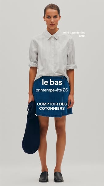 This ad showcases a brand's spring/summer collection of clothing, highlighting a denim mini skirt.