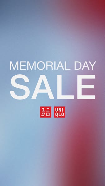 This ad promotes Uniqlo's Memorial Day sale. The image shows white text over a blue to red gradient background.