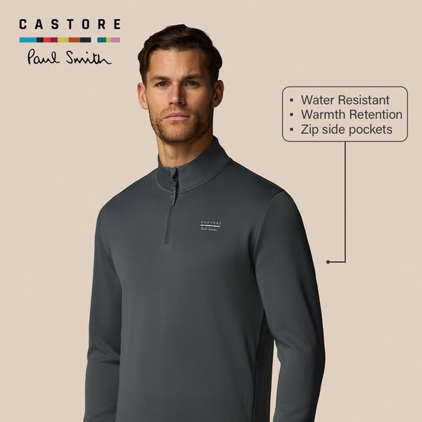Image ad for Castore x Paul Smith long-sleeve athletic shirt, highlighting features of water resistance, warmth retentio
