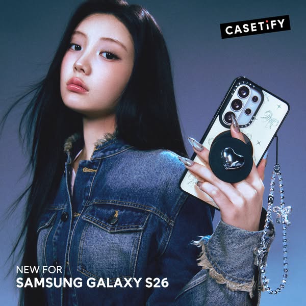 This ad showcases Casetify's phone cases for the new Samsung Galaxy S26 with a celebrity endorsement.