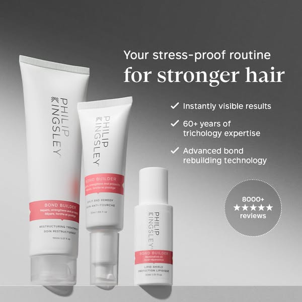 This ad promotes Philip Kingsley's Bond Builder hair care line. It highlights the products' ability to strengthe