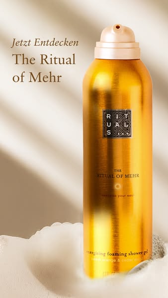 This ad showcases The Ritual of Mehr energizing foaming shower gel by Rituals. The ad uses a close-up shot of the produc