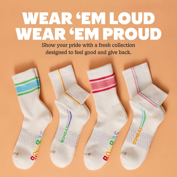 This ad showcases Bombas socks, highlighting their fresh collection designed to feel good and give back. The ad is visua