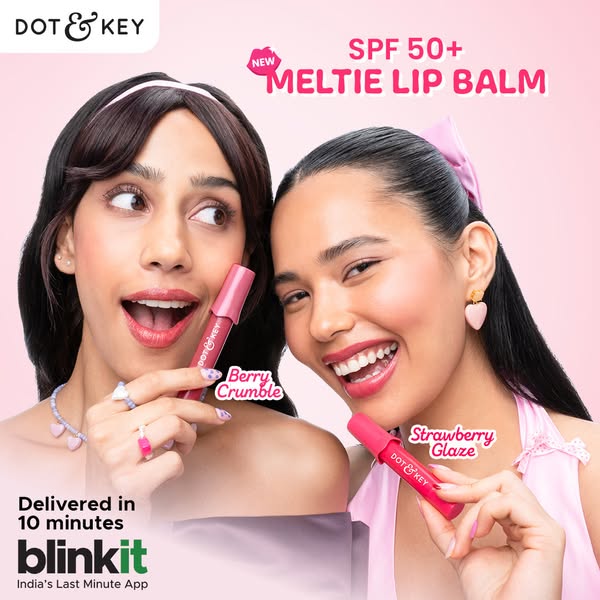 This ad for Dot & Key Meltie Lip Balm features two women holding different shades of the product. The ad highlights 