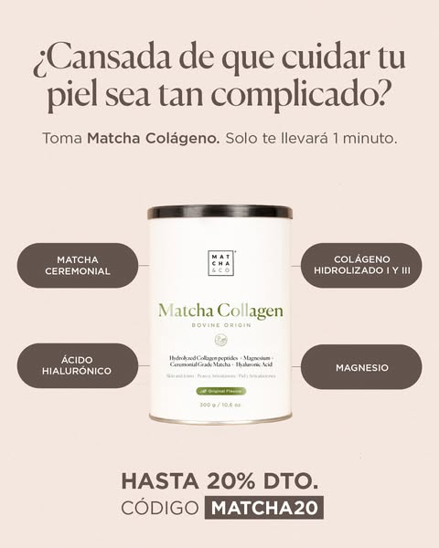 The ad promotes Matcha Collagen by Matcha & Co. and shows an image of the product container surrounded by labels poi