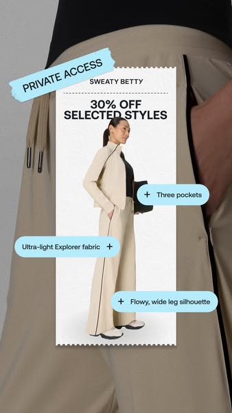 This image ad for Sweaty Betty promotes a sale of 30% off selected styles. The ad showcases a matching set, and uses ann