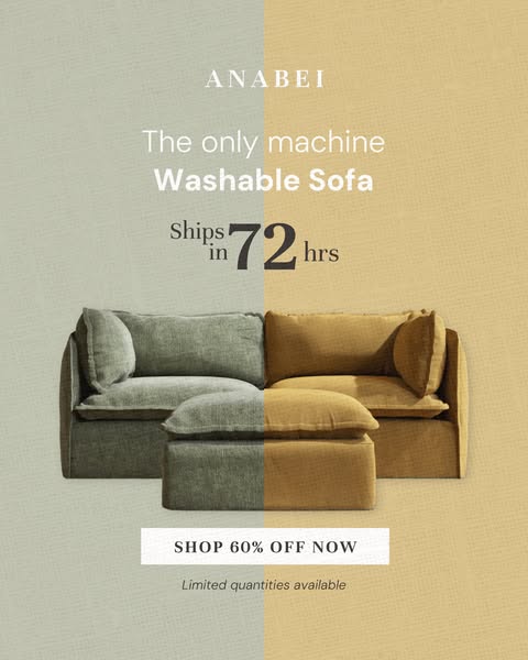 This ad promotes a machine washable sofa from Anabei, highlighting its convenience and ease of cleaning. The ad features