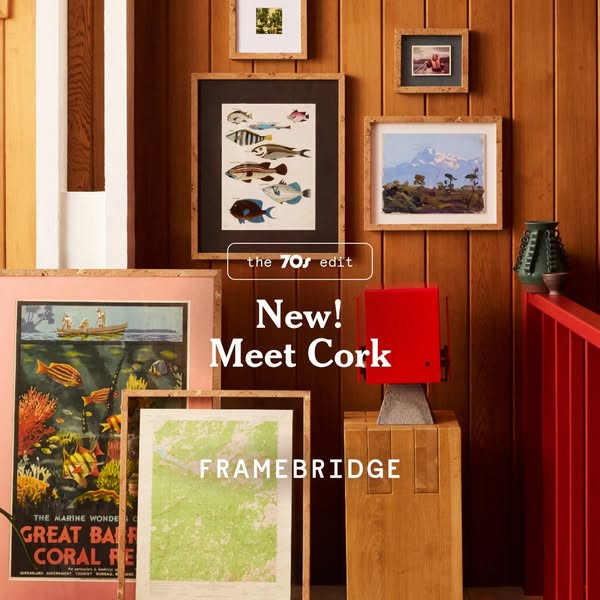 This ad showcases Framebridge's new cork frames, highlighting their vintage-inspired design and ability to complemen