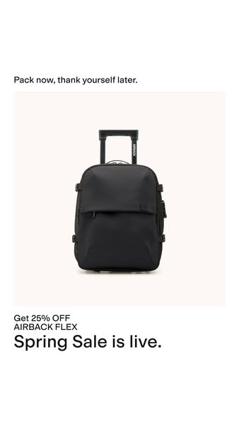 This ad features the AIRBACK FLEX travel bag on a white background and promotes a Spring Sale with a 25% discount.