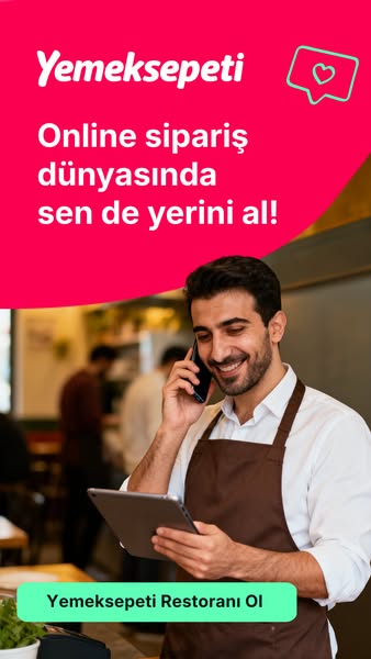 This image ad aims to recruit restaurant partners for Yemeksepeti. It depicts a smiling restaurant worker taking an orde