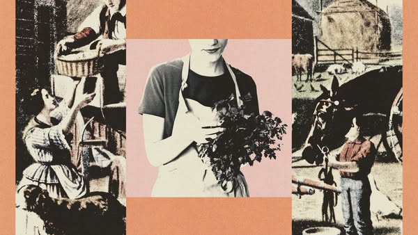 This image ad uses an illustrative visual style reminiscent of historical paintings. It contains images of farm life on 