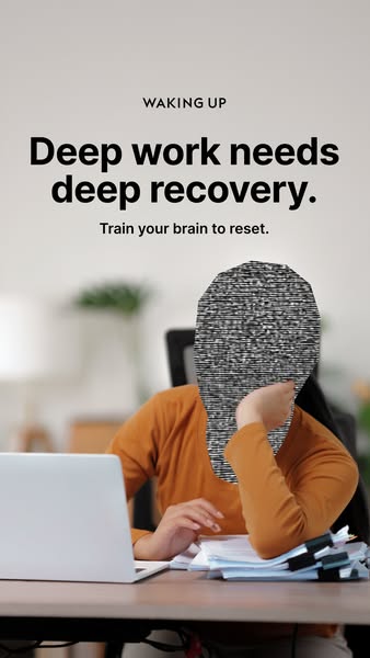 The ad highlights the need for "deep recovery" to offset "deep work." The visual features a person a