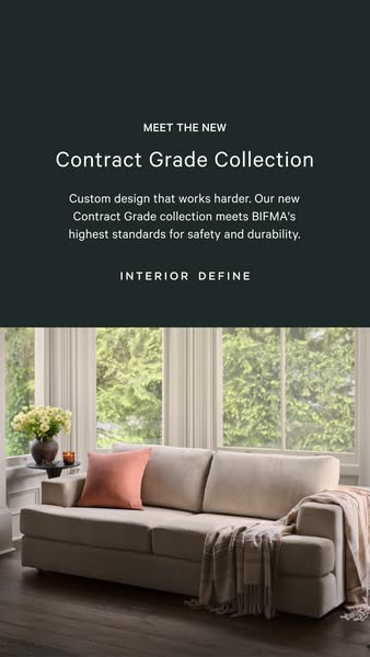 This ad promotes Interior Define's Contract Grade Collection, emphasizing its custom design, durability, and safety 