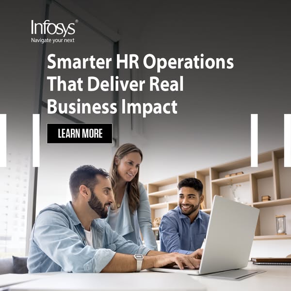 This image ad for Infosys features three professionals gathered around a table with a laptop, discussing HR operations s