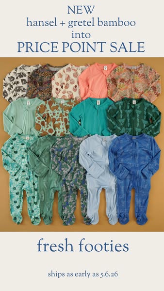 This ad showcases Hansel + Gretel brand's new bamboo footies on sale. The ad features a variety of footie designs an