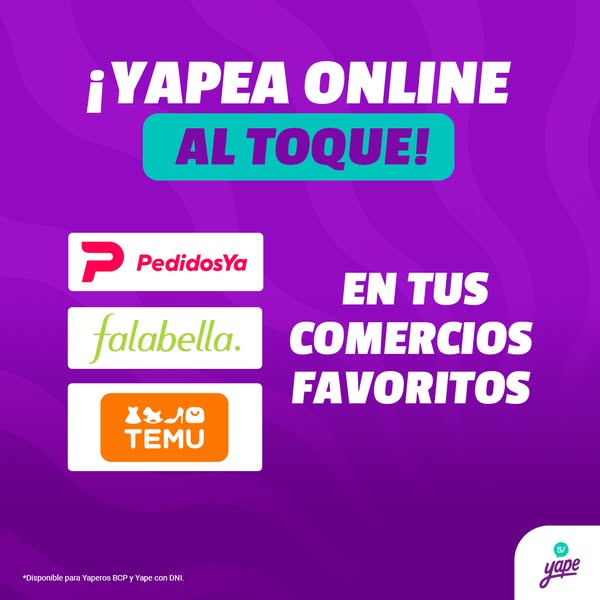 The image promotes the Yape brand, highlighting its online payment acceptance at various popular retailers such as Pedid