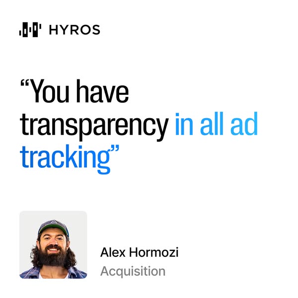 This ad features a testimonial from Alex Hormozi about Hyros, stating that it provides transparency in all ad tracking.