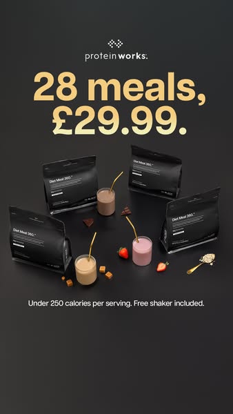 This ad showcases Protein Works' diet meal replacement product, highlighting its nutritional value and convenience w