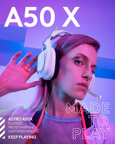 This ad showcases the ASTRO A50X gaming headset, highlighting its features like PLAYSYNC, PRO-G GRAPHENE, and LIGHTSPEED