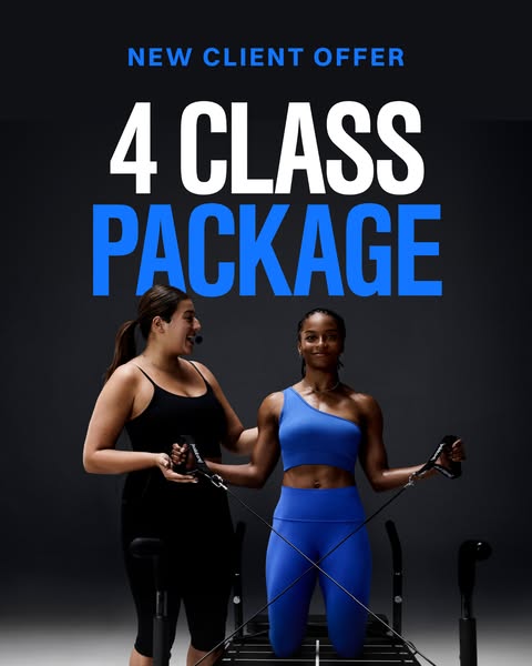 An image ad promoting a "4 Class Package" for new clients, featuring two women demonstrating the workout equip