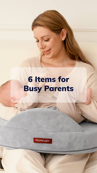 This image ad features a mother breastfeeding her baby with the help of a Momcozy breastfeeding pillow. A transparent wh