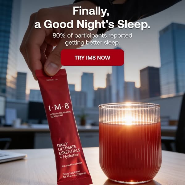 The image ad promotes IM8, a daily ultimate essentials + hydration supplement. It shows the product packet being held ov