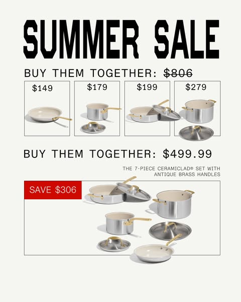 This ad promotes a summer sale for a 7-piece Ceramicald cookware set with antique brass handles, showcasing the individu