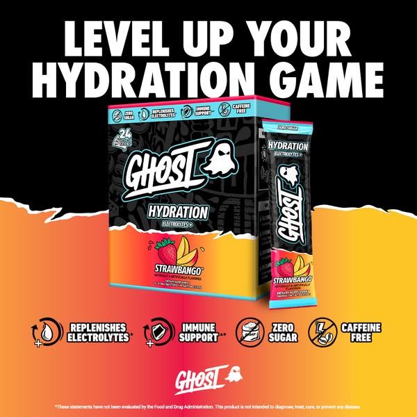 This image ad promotes Ghost Hydration drink mix in a strawbango flavor and focuses on how it can level up your hydratio